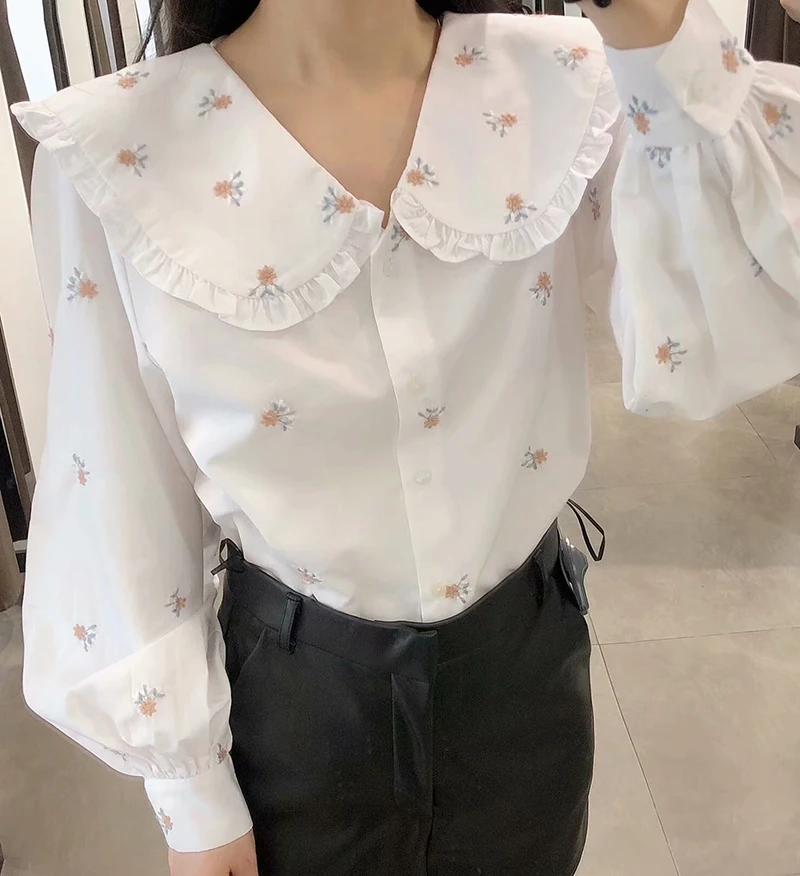

Flower Embroidery White Shirts za Women Fashion Sweet Female Casual Peter Pan Collar Long Sleeve Blouse Tops Chic T Shirt Kawaii