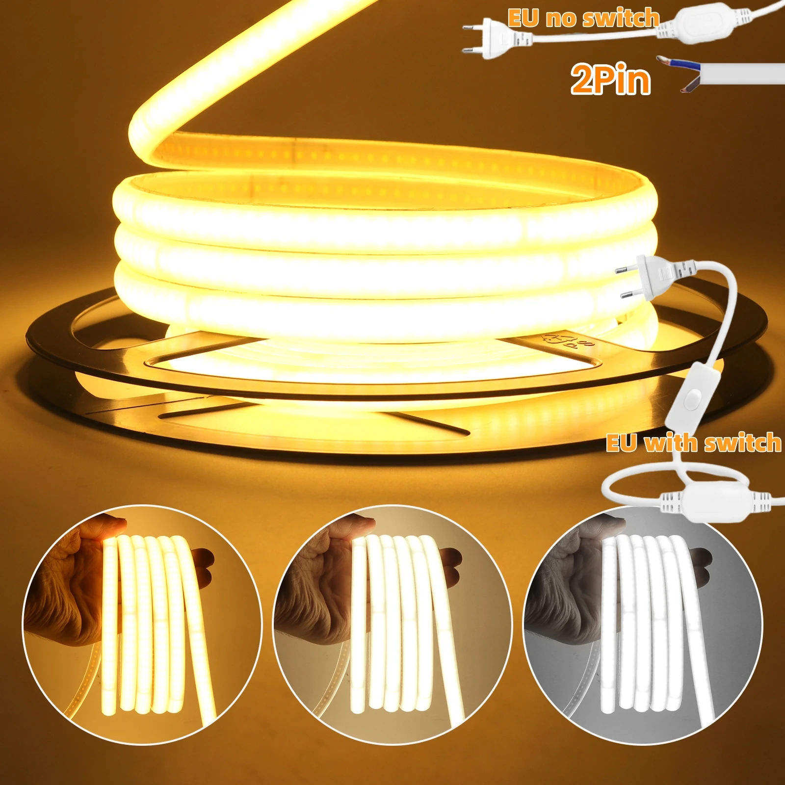 IP65 COB Selbstklebendes Klebeband LED Neonlichtstreifen AC 230V RA90 Wasserdicht Outdoor Garten FOB Band Lampe 2Pin Draht/EU Netzstecker