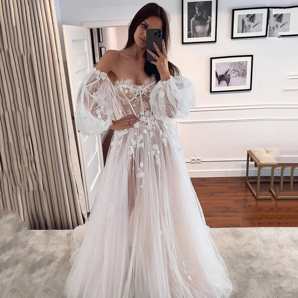 

Princess Vintage Boho Wedding Dresses 2023 3D Flowers Beach Bride Dress Long Puff Sleeves Summer Church Wedding Gown Lace Corset