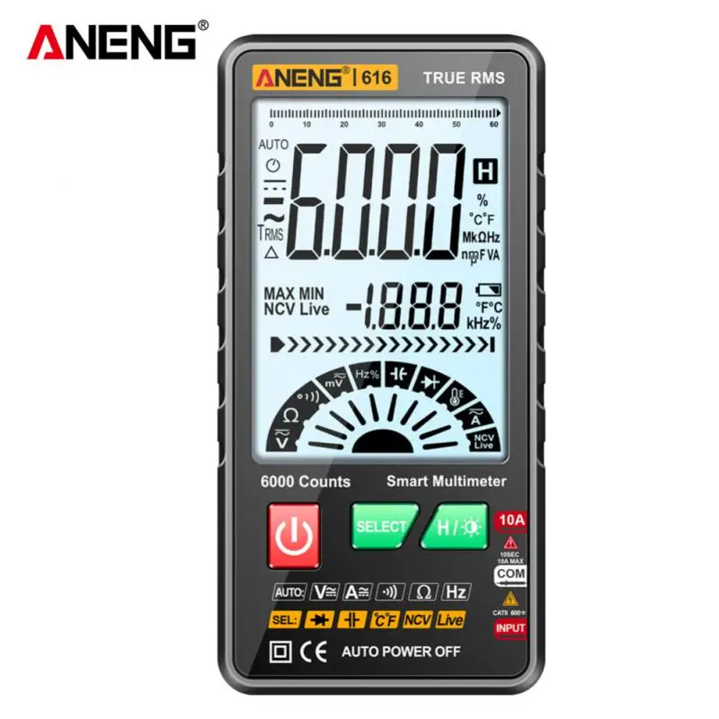 

Цифровой мультиметр ANENG 616 с большим экраном и подсветкой, 6000 отсчетов, ультратонкий умный мультиметр напряжения постоянного и переменного тока, инструмент для проверки