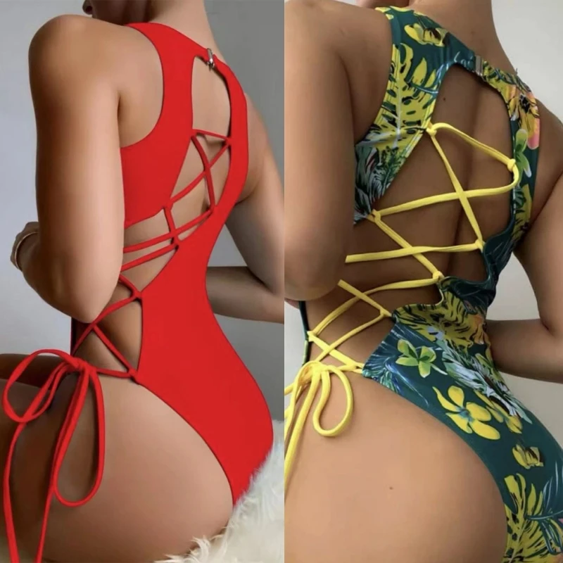 

Женский купальный костюм с открытой спиной, Цельный купальник со шнуровкой и вырезами, бикини