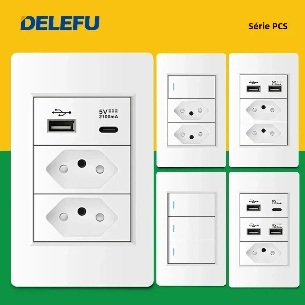 DELEFU Painel de PC Branco Tomada Padrão Brasil com Tomada de Parede Dupla USB Tipo C Interruptor Inteligente Tuya Wifi 10A 20A 118x72mm