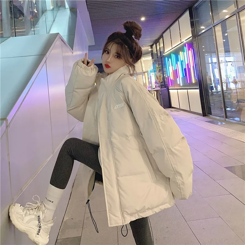 Women Oversize Thick Warm Cotton Zipper Solid Color High Waist Long Sleeve Jacket with Pocket New Long Hooded Winter Down Coat
