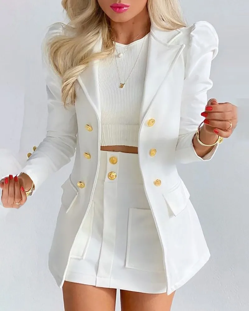 

Casual Office Skirts Suit Women 2022 Spring Autumn New Long Sleeve Solid Color Jacket & Mini Skirt Two-piece Set Skirt Suit