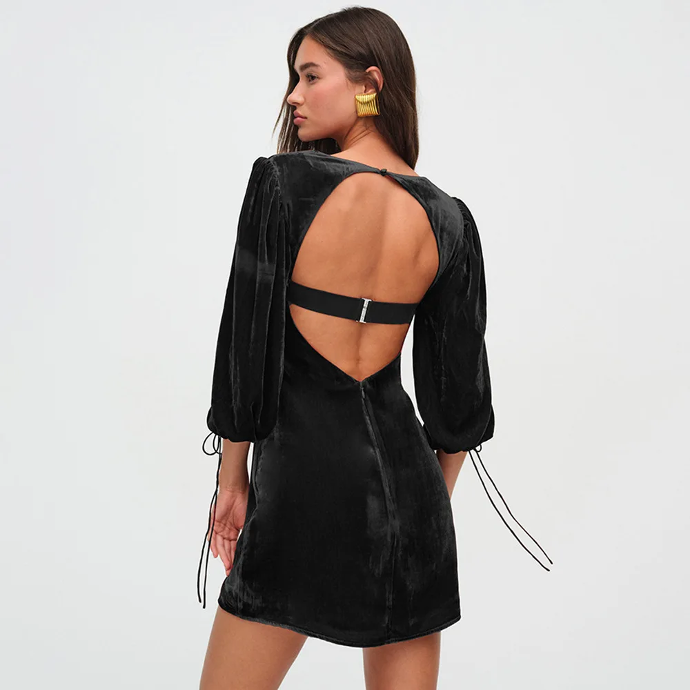 Сибибо-Мини Vestido de terciopelo con espalda описание для женщин cordones манга acampanada cuello cuadrado