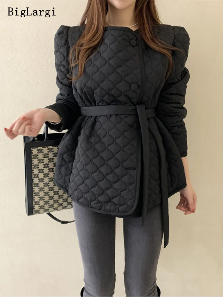 Korean Fashion Women Clothes Lace Up Jacket Women Autumn Winter Simple O Neck Ladies Tops Single-breasted Tie-waist Thick Coats