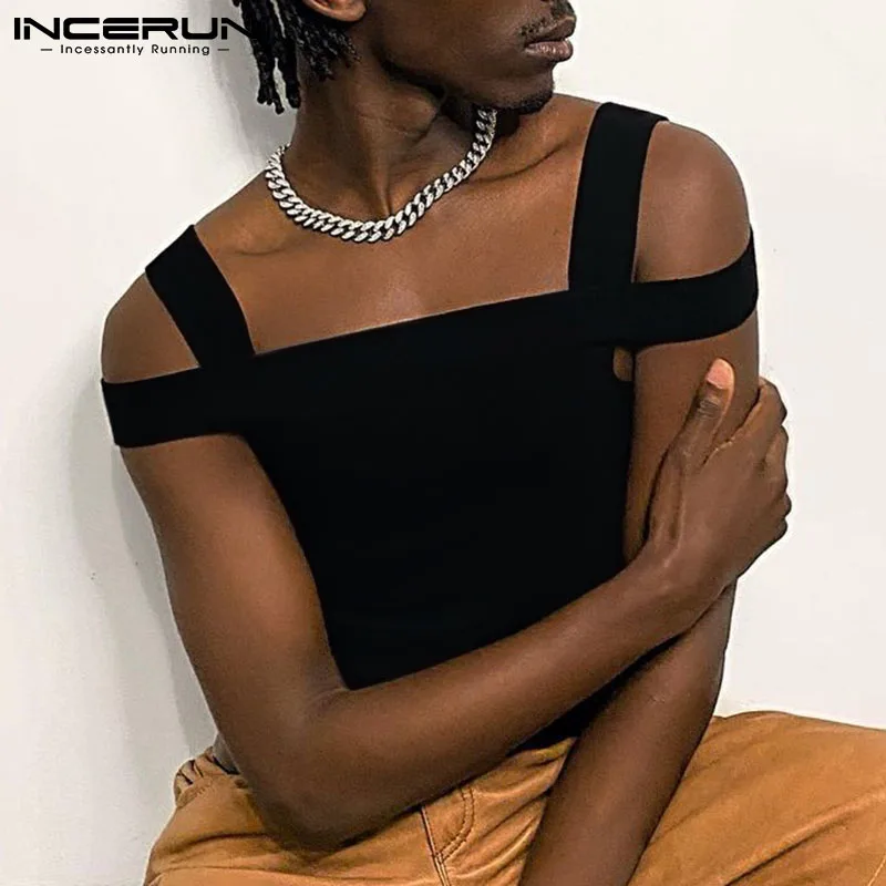 

Fashion Men Tank Tops Solid Color Sleeveless Streetwear Fitness Casual Vests Off Shoulder 2022 Vacation Men Clothing 5XL INCERUN