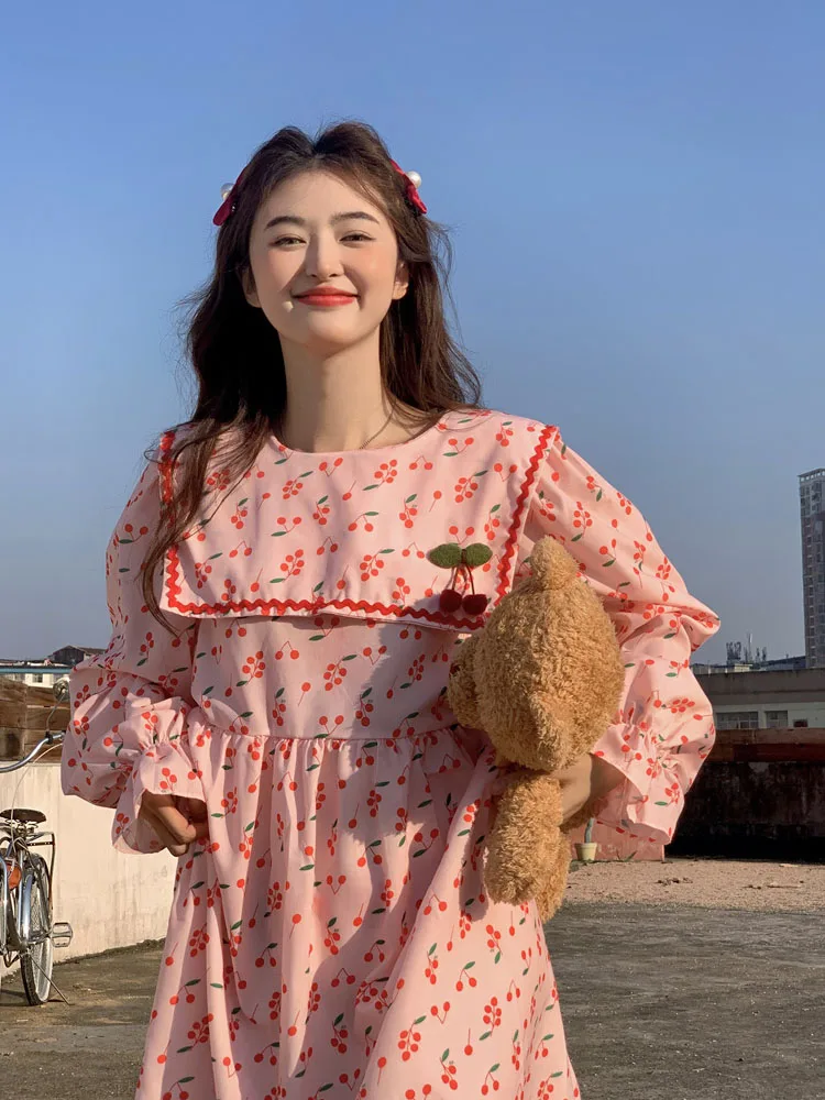 

KIMOKOKM Korea Retro Fashion Preppy Dress Vintage Peter Pan Collar Kawaii Flare Sleeve Cute Fruit Cherry Printing Dresses