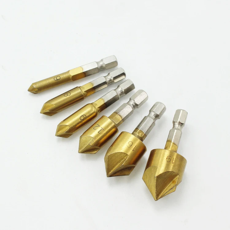 

6PC/Set 5 Flute Chamfer Countersink 1/4" Hex Shank HSS 90 Degree Chamfering Cutter Drill Bit Set Tools Micro Tips