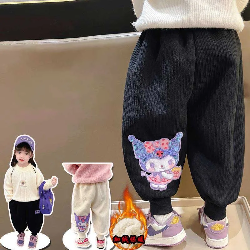 

Kawaii Sanrio вельветовые утепленные брюки Kuromi для девочек новый стиль Детские Мультяшные анимации осень и зима повседневные теплые брюки