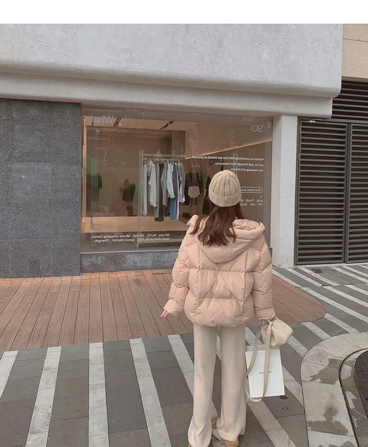 Hooded Down Jacket Women's Winter New Solid Colour Cotton Clothing Students Thicken Warm Bread Clothes Jacket Casual Tops