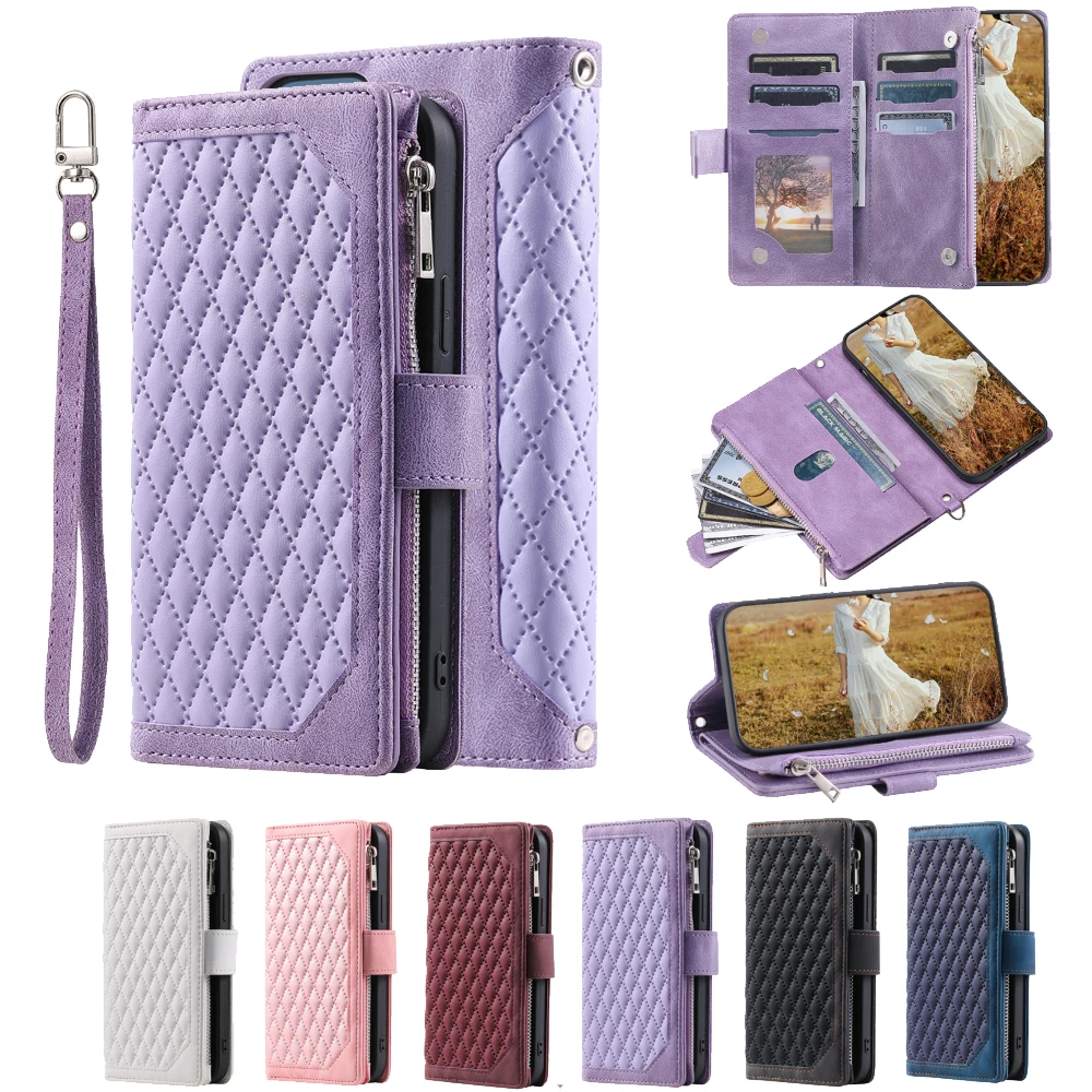 

For Realme Q2 Pro Fashion Small Fragrance Zipper Wallet Leather Case Flip Cover Multi Card Slots Cover Folio with Wrist Strap