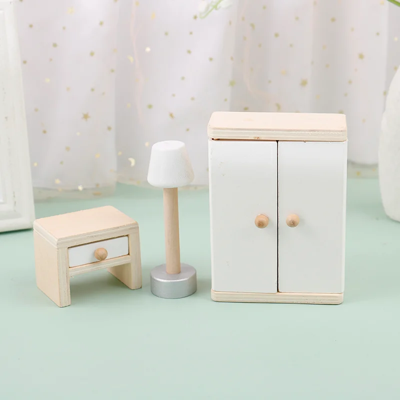 

3pcs/set 1:12 Dollhouse Miniature Wood Bedside Table Cabinet Floor Lamp Toys Doll House Wooden Furniture