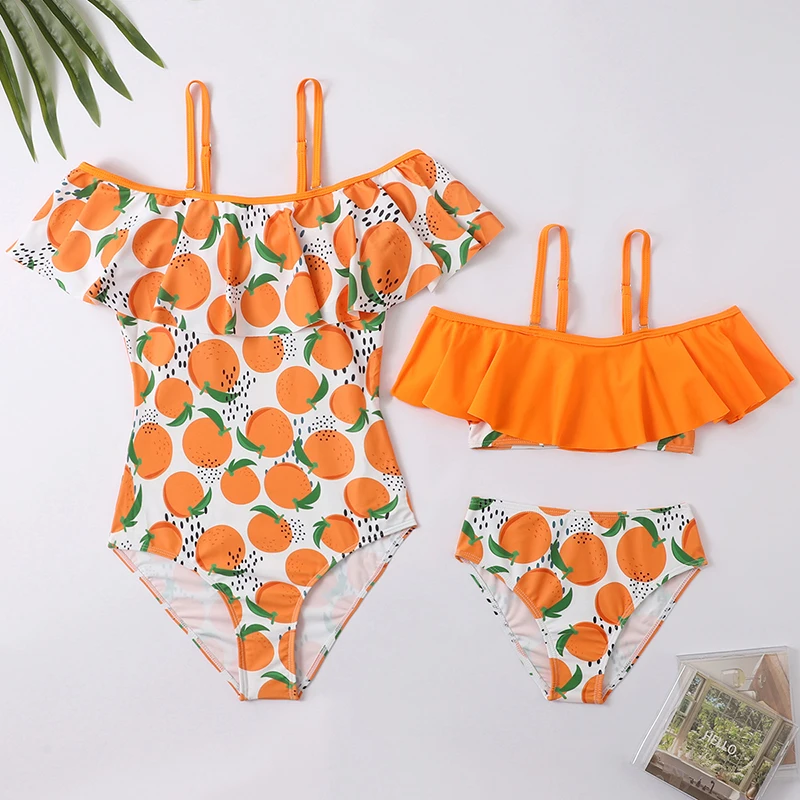 

Tank Ruffled Mother Daughter Swimsuits Family Set Oranges Mommy and Me Matching Swimwear Woman & Girls Bikini Dresses Clothes