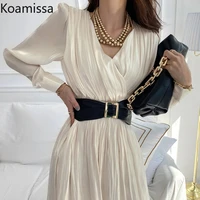koamissa elegant women fashion maxi party dress long sleeves v neck belted banquet dresses chic korean a line vestidos 2022