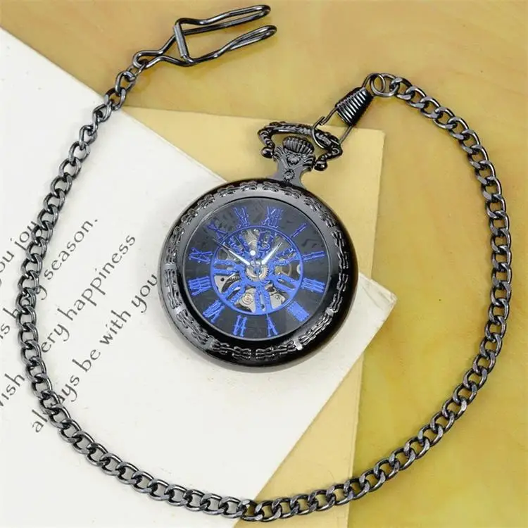 Luxury Mechanical Sliver Pocket Watch for Men Women Hollow Skeleton Dial Roman Dial Fob Chain Pendant Clock for Collection Gift