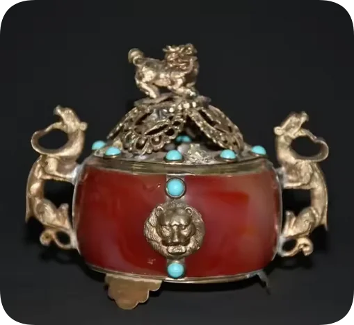 Антикварная тибетская серебряная статуя льва курильница инкрустированные