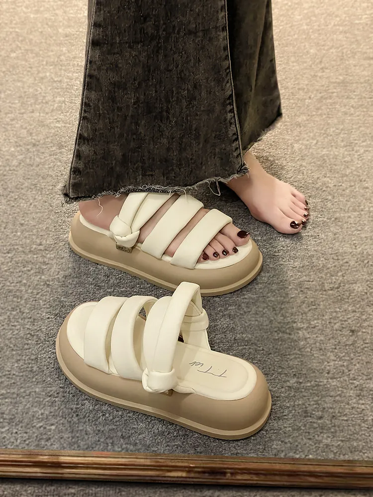 

Шлепанцы женские домашние на платформе, мягкие сланцы, повседневная обувь на плоской подошве, римские сандалии из полиуретана, тапочки средней высоты, 2023