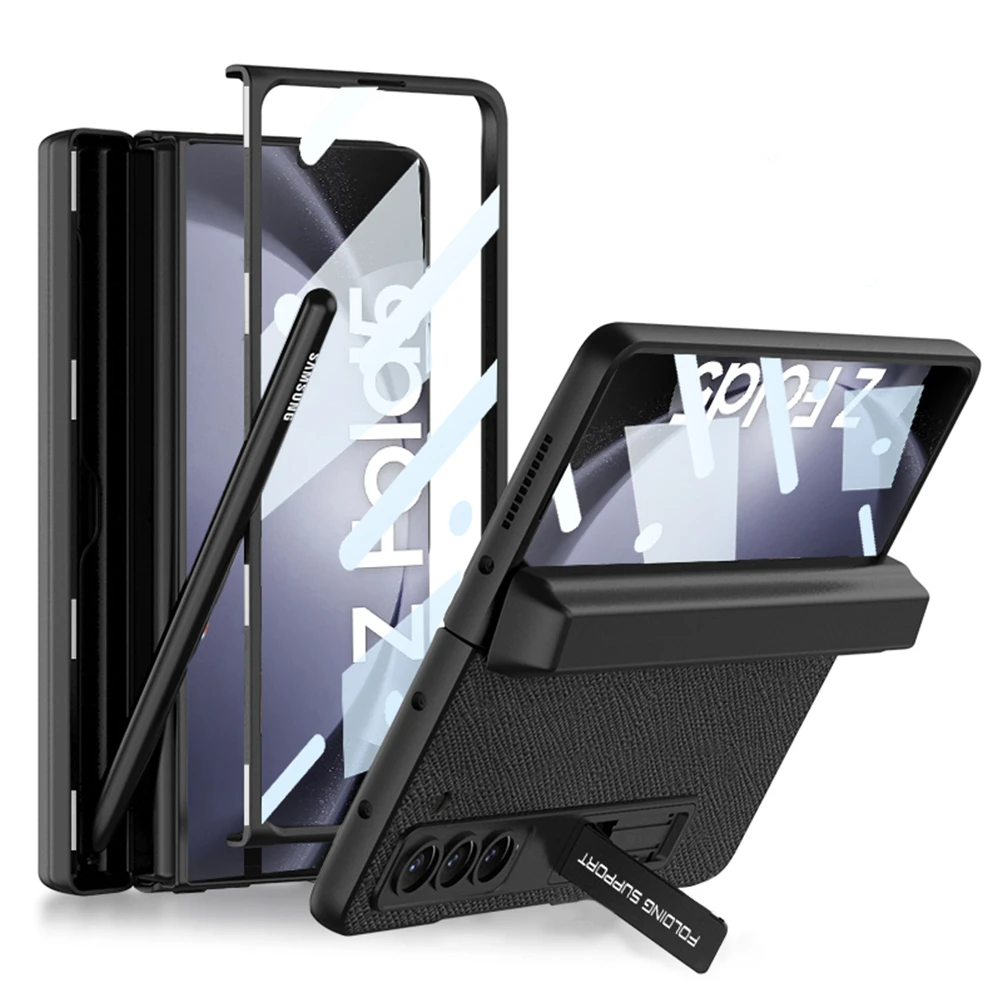 Hidden S Pen Holder Cover for Samsung Galaxy Z Fold 5 Fold5 Case Magnetic Hinge Leather Skin Hard PC Kickstand with Glass Film