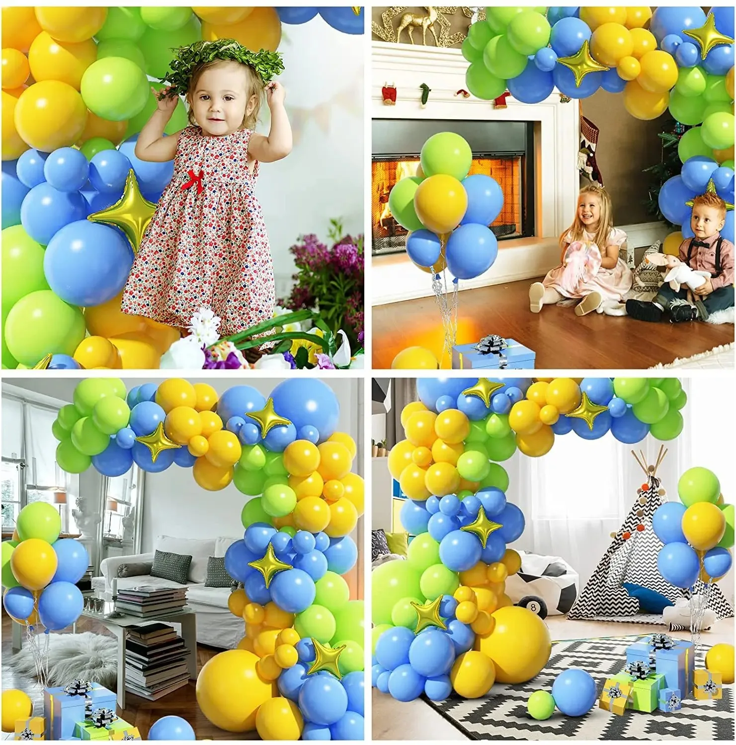 Набор колец с голубыми и желтыми фруктами зелеными шарами 100 шт.