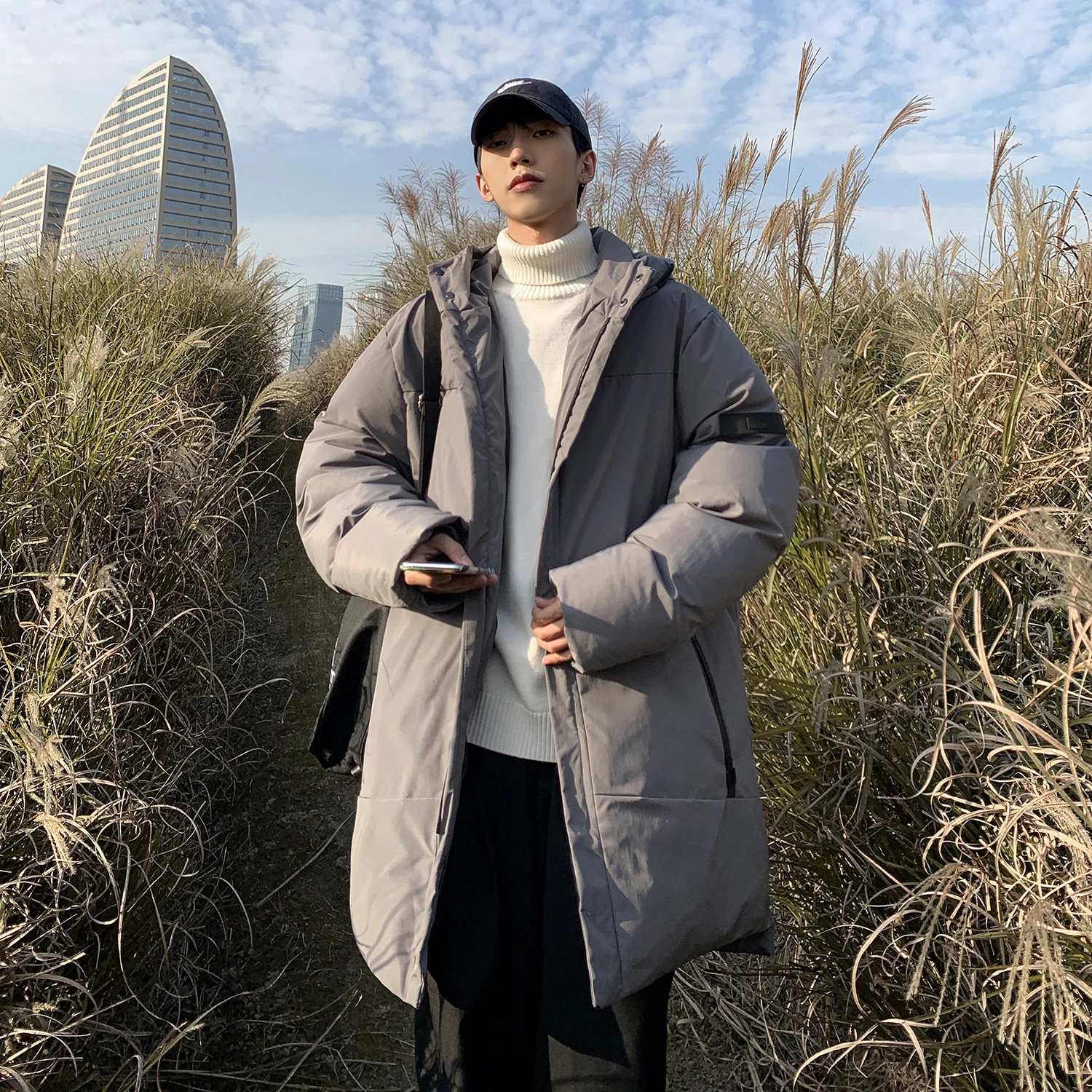 Mens Winter Cotton Padded Hooded Long Thicken Parkas Warm Solid Color Large Size Jackets Outwear