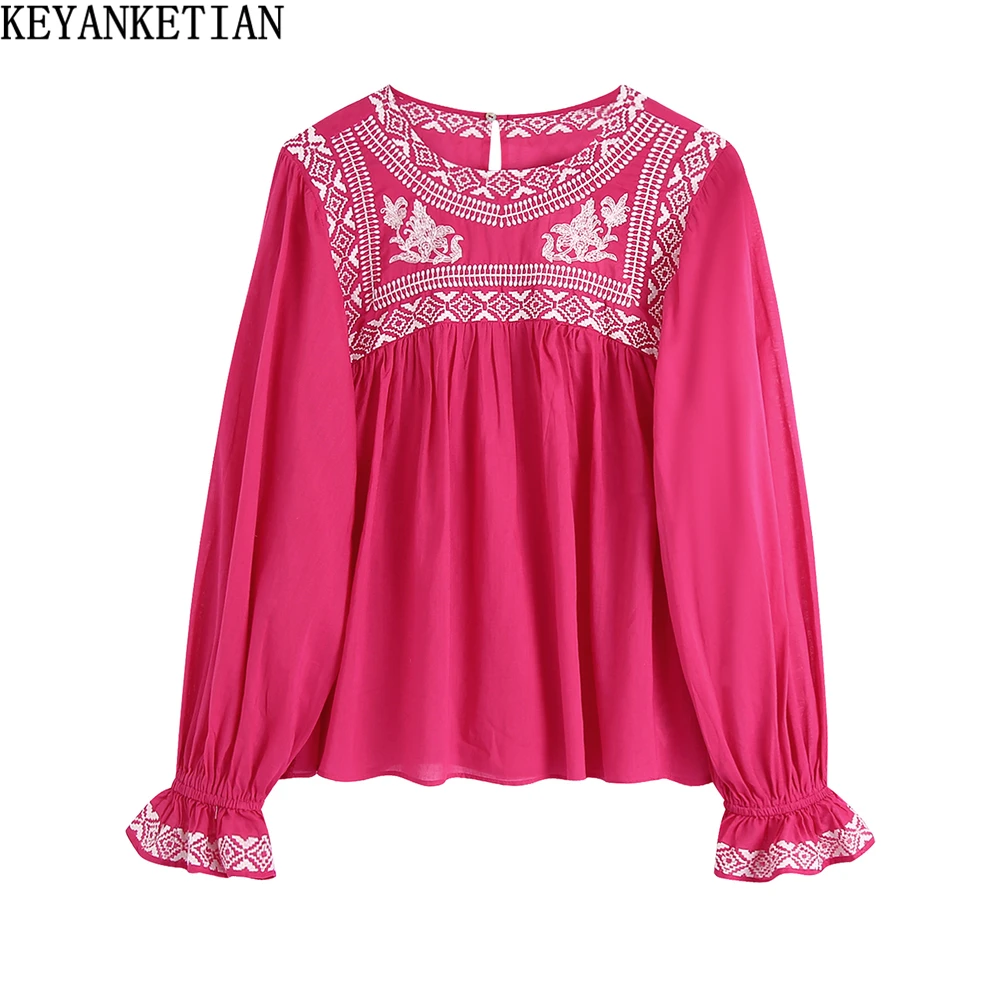 

KEYANKETIAN ZA 2022 spring top women's retro temperament loose round neck elastic cuff contrast color embroidery top