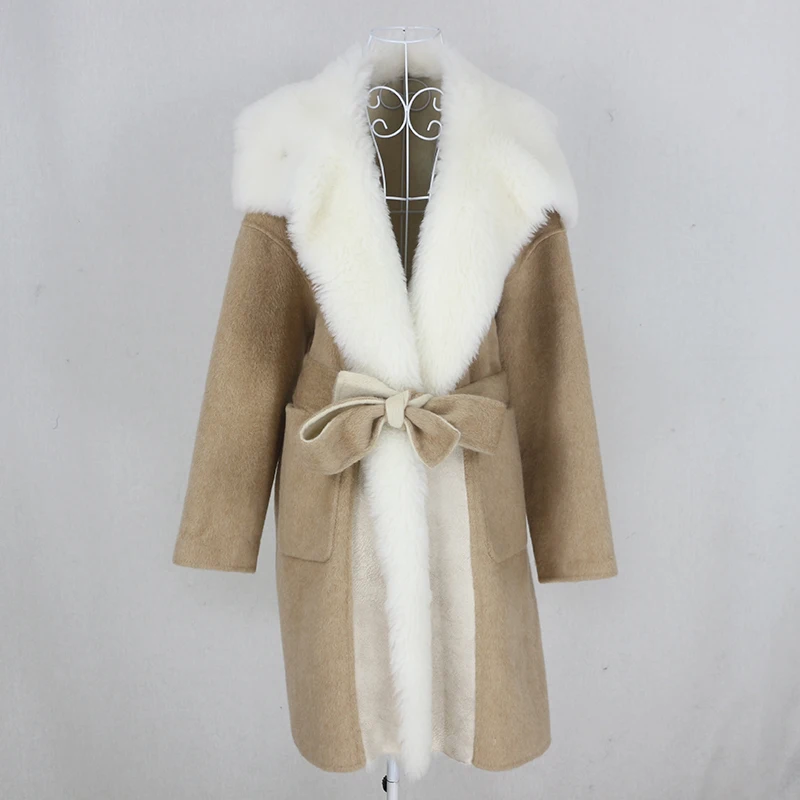

Aoottii 2022 Casual Oversize Loose Cashmere Wool Blends Real Fur Coat Winter Jacket Women Natural Wool Fur Collar Outerwear Belt