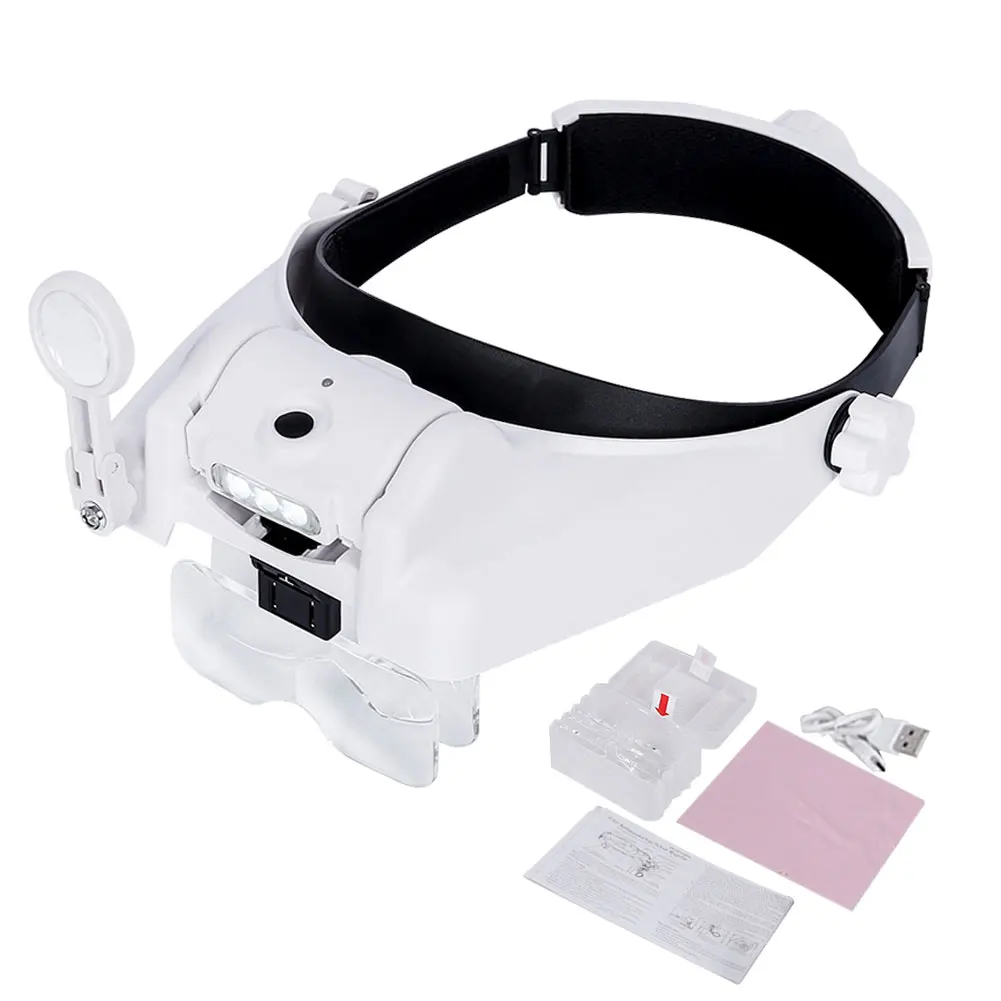 

Sewing With LED Light Head Mount 1X 1.5X 2X Close Work For Reading Handsfree Optical Glasses Headband Magnifier Rechargeable