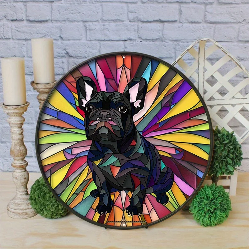 Okrągły aluminiowy metalowy znak tabliczka wieniec z płaskim wzorem psa 2D do dekoracji wnętrz zabawny wystrój jako prezenty dekoracja ścienna