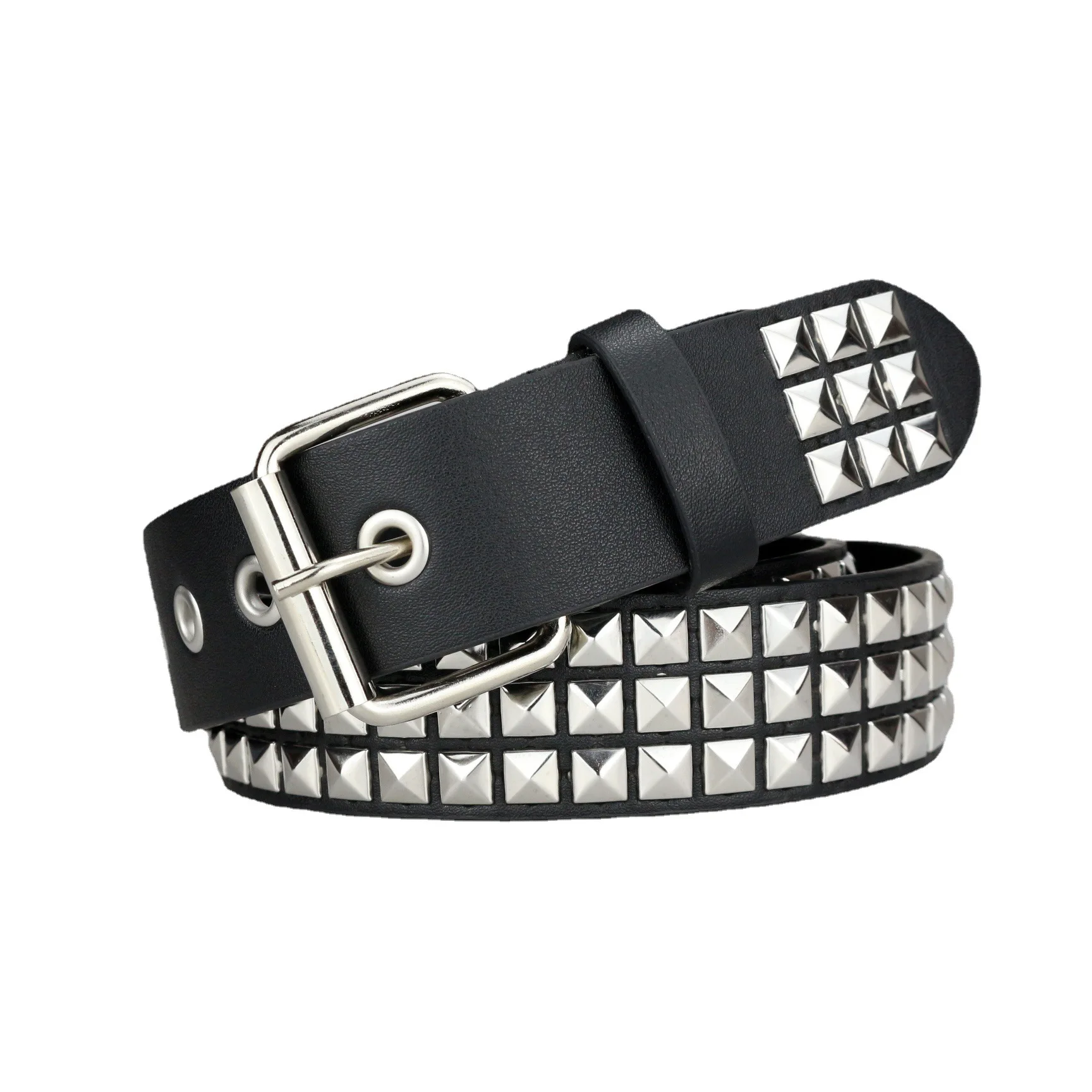 New Fashion Square Bead Rivet Belt Metal Pyramid Belt Men and Women Punk Hardware Jeans Belt with Pin Buckle Woman Waistband