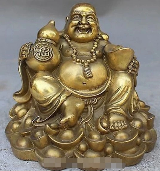 

YM 317 6 "Chinese feng-shui wealth YuanBao brass bronze happy smile Maitreya Buddha statue