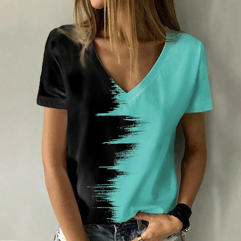 Digital print bump color V-neck short sleeve casual fashion elegant women's T-shirt loose comfortable summer all-fit top