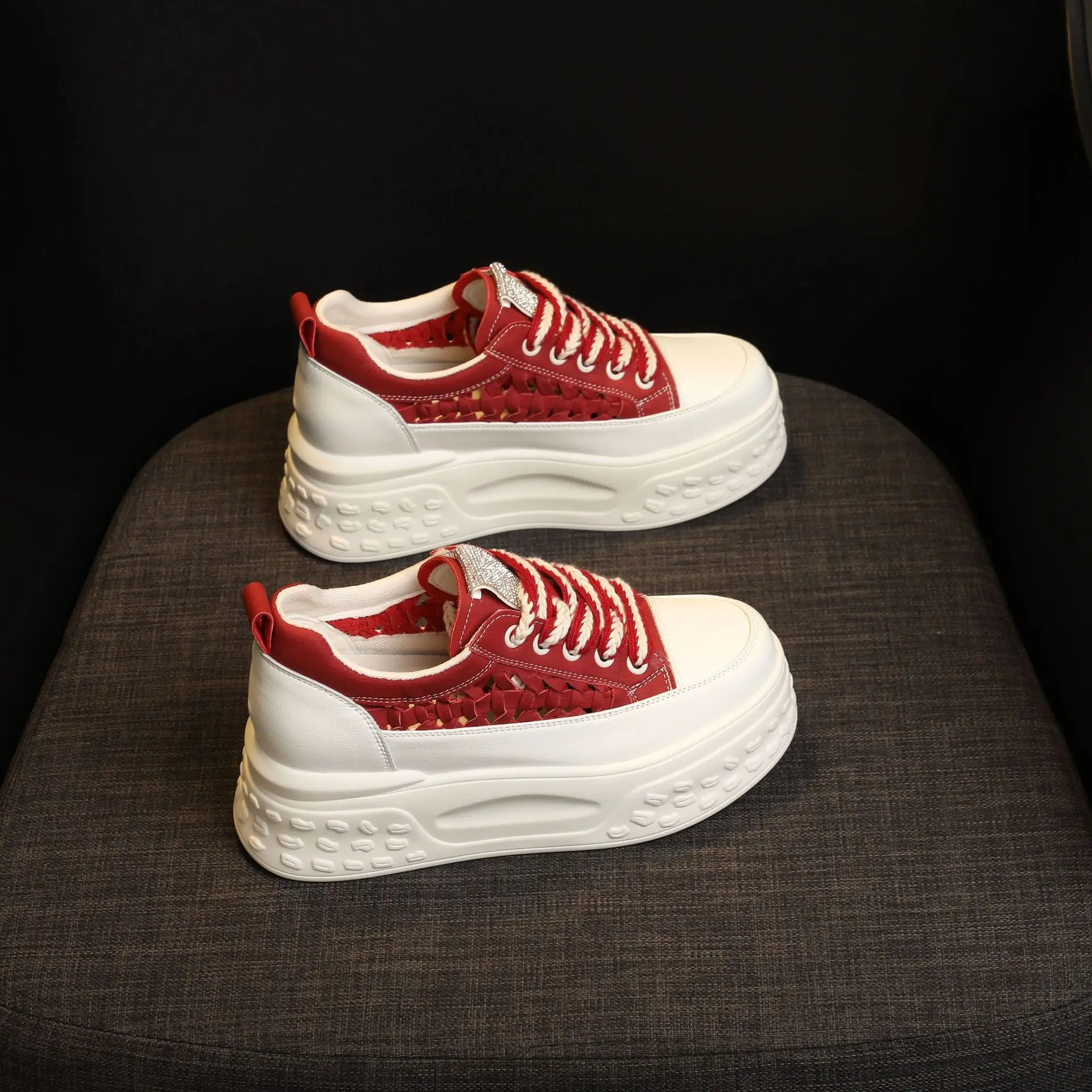 7cm 2023 Hollow Weave Design Genuine Leather Women Casual Summer Platform Wedge Chunky Sneakers Vulcanize Breathable Shoes