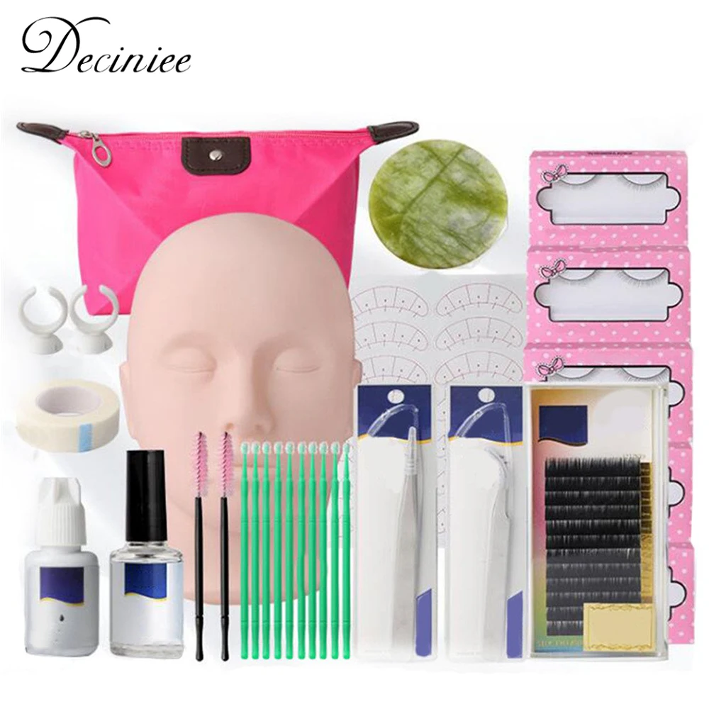 

False Eyelash Extension Training Kit Makeup Practice Model Head Eye Pads Tweezers Glue Ring Brush Grafting Eyelash Tools Set