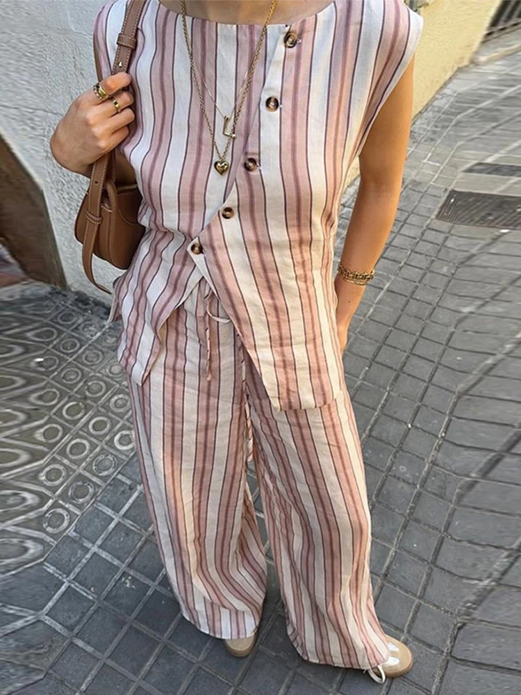 Полосатый жилет брюки женские повседневные свободные топы с косыми пуговицами и