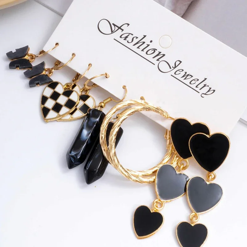 Геометрические серьги в шахматном стиле 5 пар