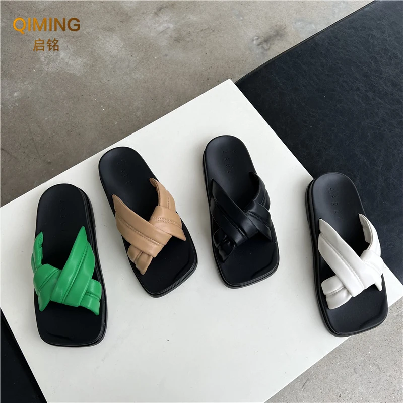 Ladies Home Slippers Women Slides Summer Cross Woven Sandals Square Head Fashion Outer Beach Shoes Woman Flip Flops Indoor Shoes