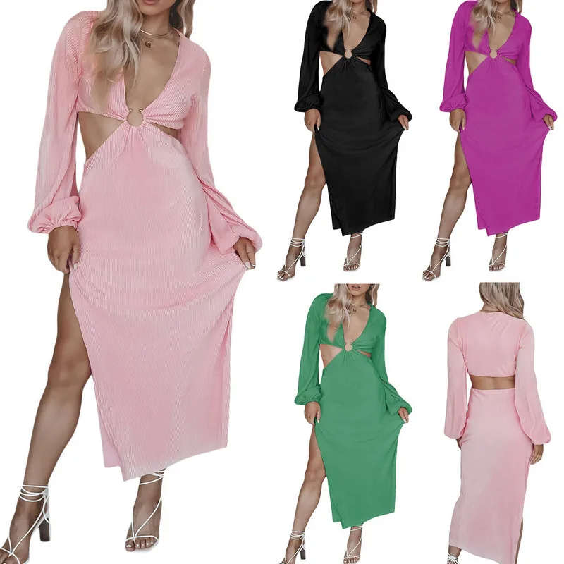 

Women Spring Autumn Long Dresses Evening Party Elegant Sexy Solid Color Long Sleeve Deep V Neck Hollow Out Dress Spring Fall