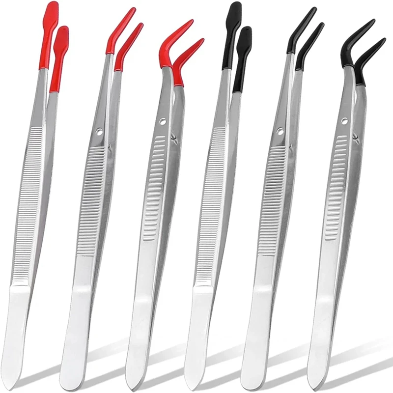 6 Pieces Stainless Steel Tweezers PVC Coated Flat Tip Tweezers Bent & Small Elbow Tweezers Tool Set With Rubber Tips DIY Crafts