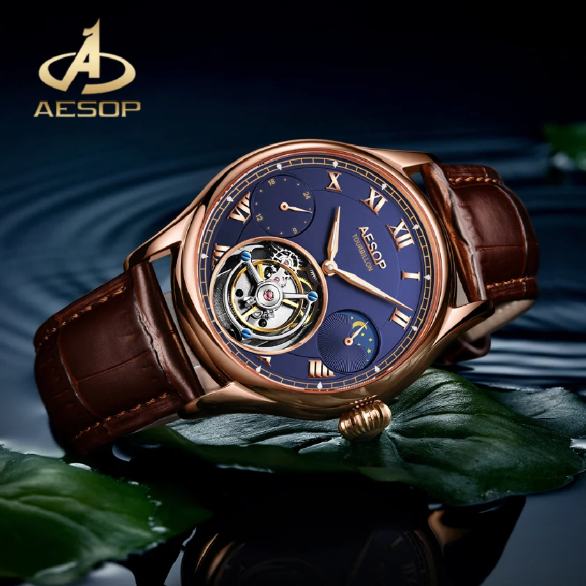 

AESOP Sapphire Glass Waterproof Chronograph Watch Real Tourbillon Manual Winding Mechanical Movement Moon Phase Wristwatch
