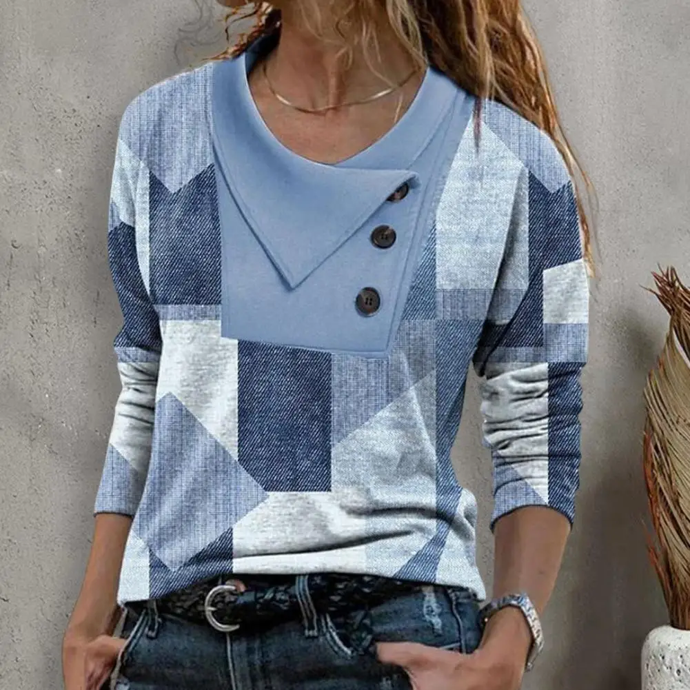 

Charming Pullover Top Long Sleeves Workwear Anti-Fade Geometry Patchwork Color Loose Autumn Tee Shirt