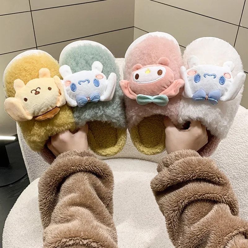 

Милые плюшевые тапочки Sanrioed на осень и зиму, Симпатичные плюшевые теплые хлопковые тапочки с мультяшным рисунком My Melody Cinnamoroll для пары