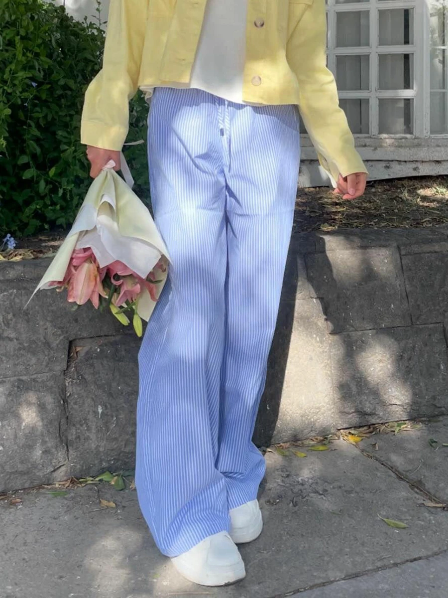 Женские полосатые домашние брюки повседневные Прямые с эластичным поясом