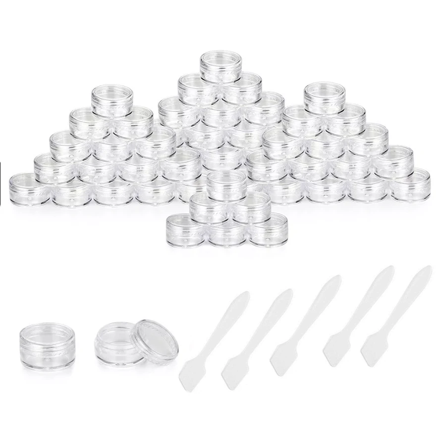 100 Pieces 3g Empty Clear Plastic Sample Containers with Lids Cosmetic Cream Pot Jars with 5 Pieces Mini Spatula Wholesale