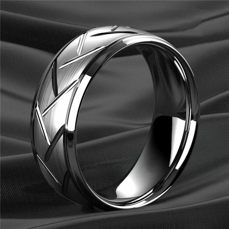 

2023 New Fashion Gothic 8MM Silver Cut Patterned Stripe Men's and Women's Couple Wedding Ring Commemorative Party Jewelry