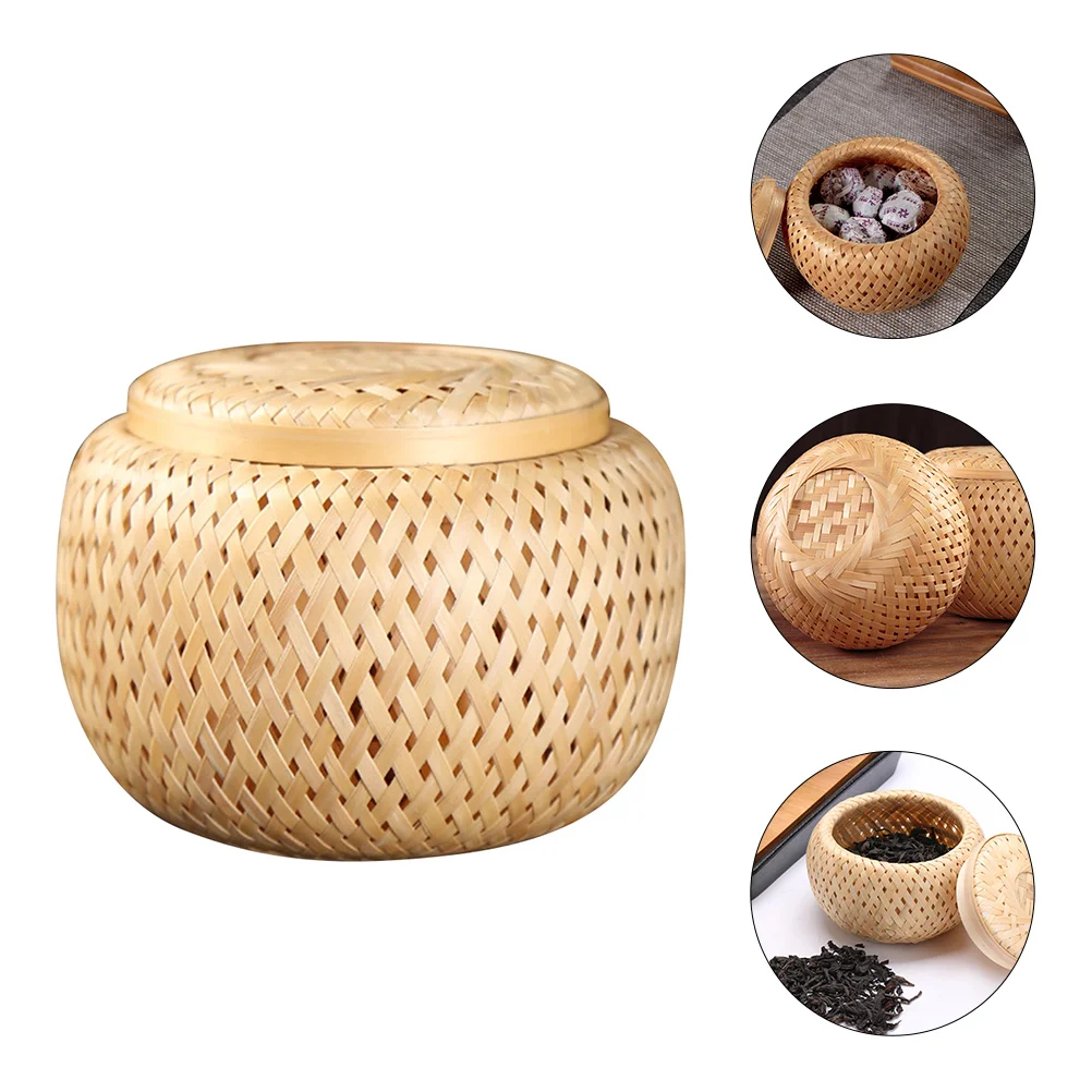 

Bamboo Tea Basket Lid Decorative Storage Gift Jar Packing Box Woven Small Weaving Teaware