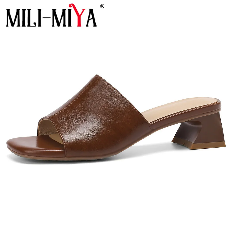 

MILI-MIYA Concise Design Women Cow Leather Sandals Thick Heels Solid Color Plus Size 34-42 Casual Street Summer Shoes For Ladies