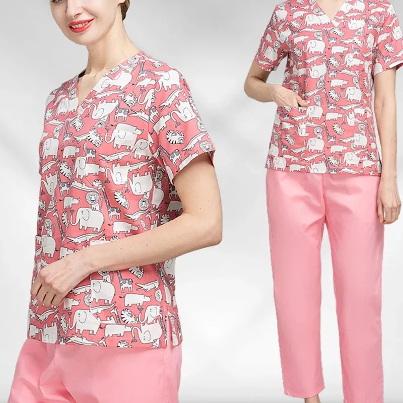 

100% Cotton Cartoon Printing Scrubs Tops Pet Grooming Work Uniform Beauty Salon Workwear Health Service Costume Women Lab Wear