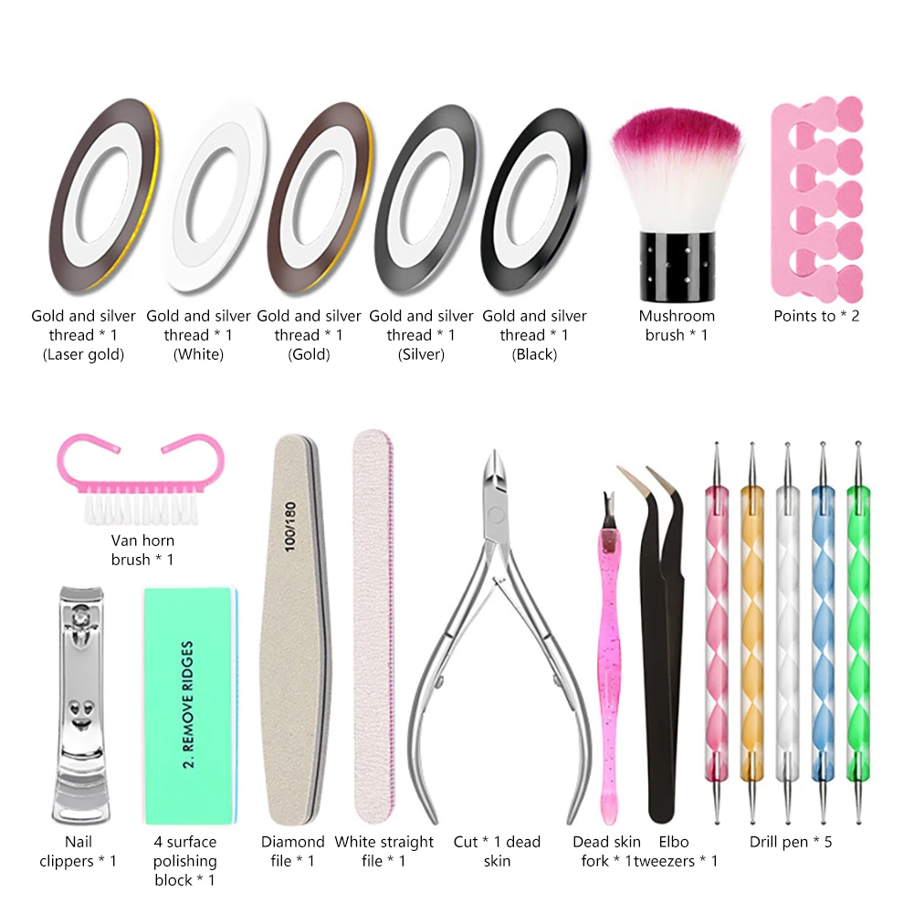 

Manicure Set Cuticle Pusher Clippers Nail Art Files Buffer Sanding Tool Cleaning Brush Scissors Dead Skin Remover Dotting Pen