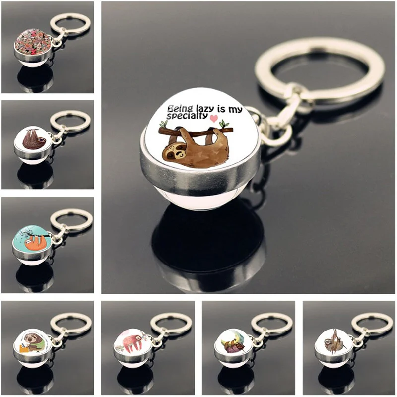 

YW GAIRU Creative Cute Animal Sloths Time Gemstone Metal Keychain Art Picture Double Side Glass Key Accessories Jewelry Gifts